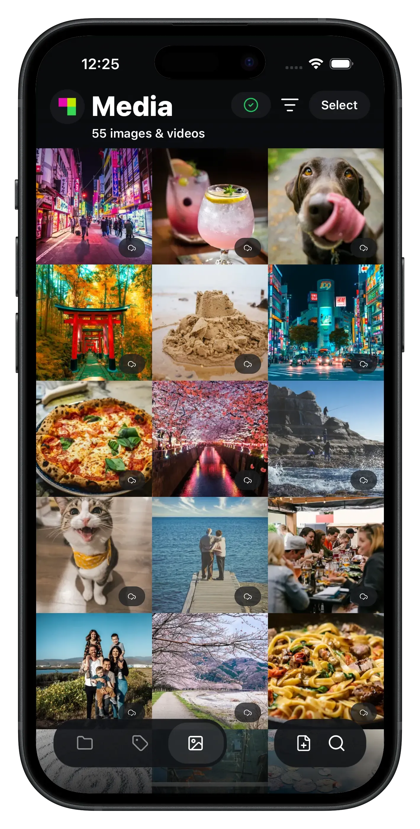 The Sia Storage App showing a library of 55 photos and videos