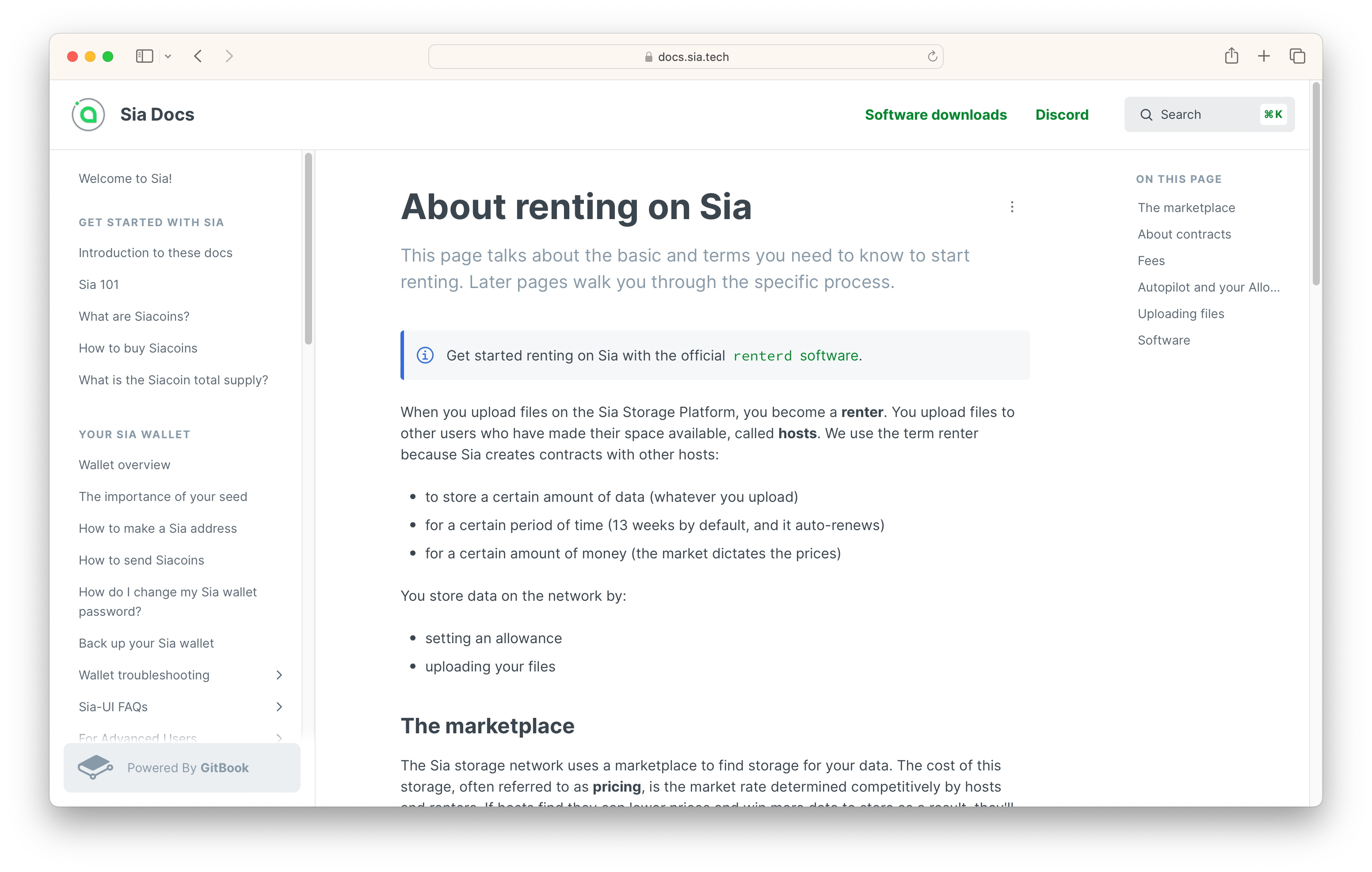 Screenshot of Learn how to rent storage space on the Sia network
