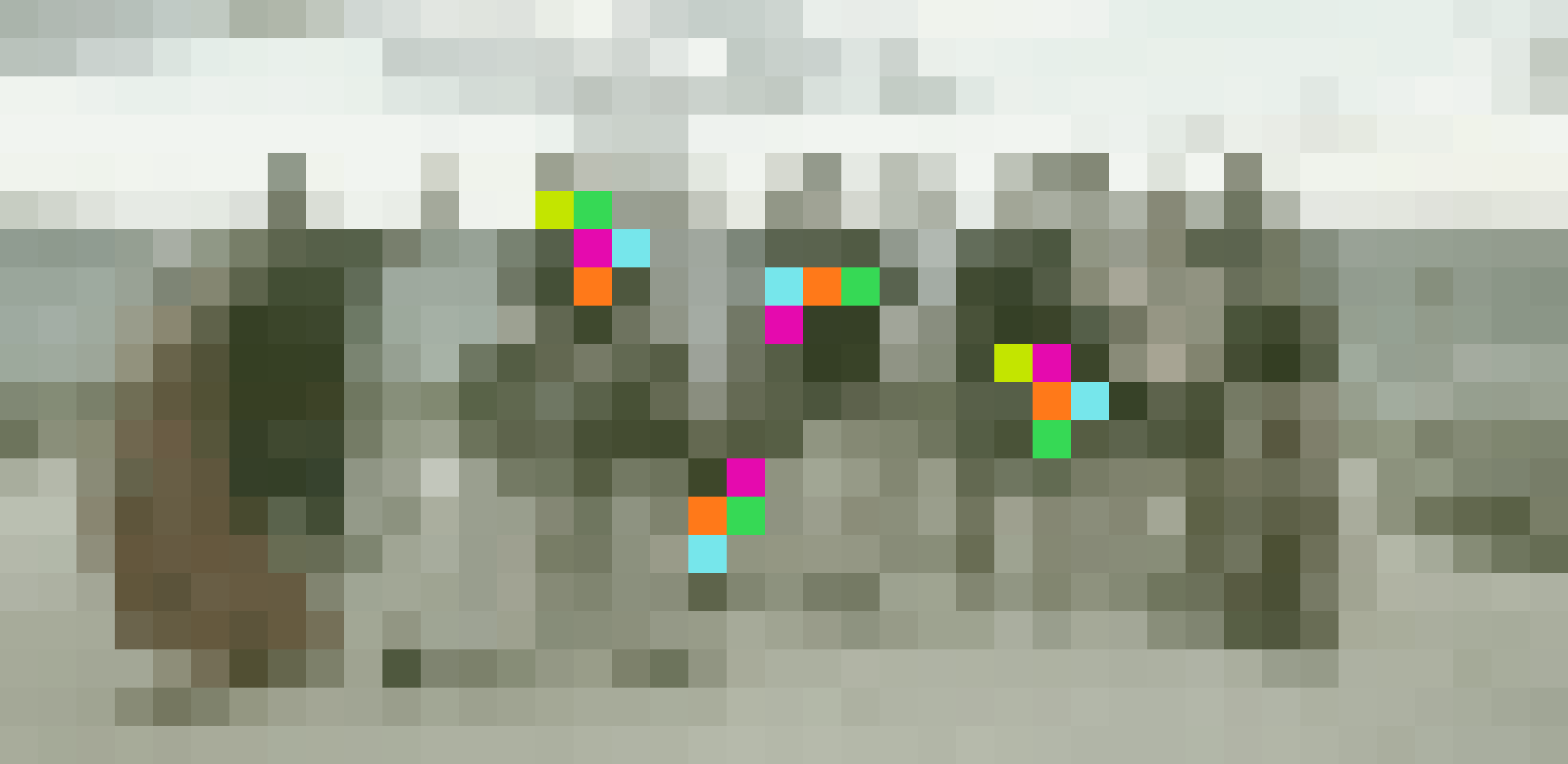 Pixelated, olive-toned photograph of the Sia team standing on a beach, with colored Sia shards