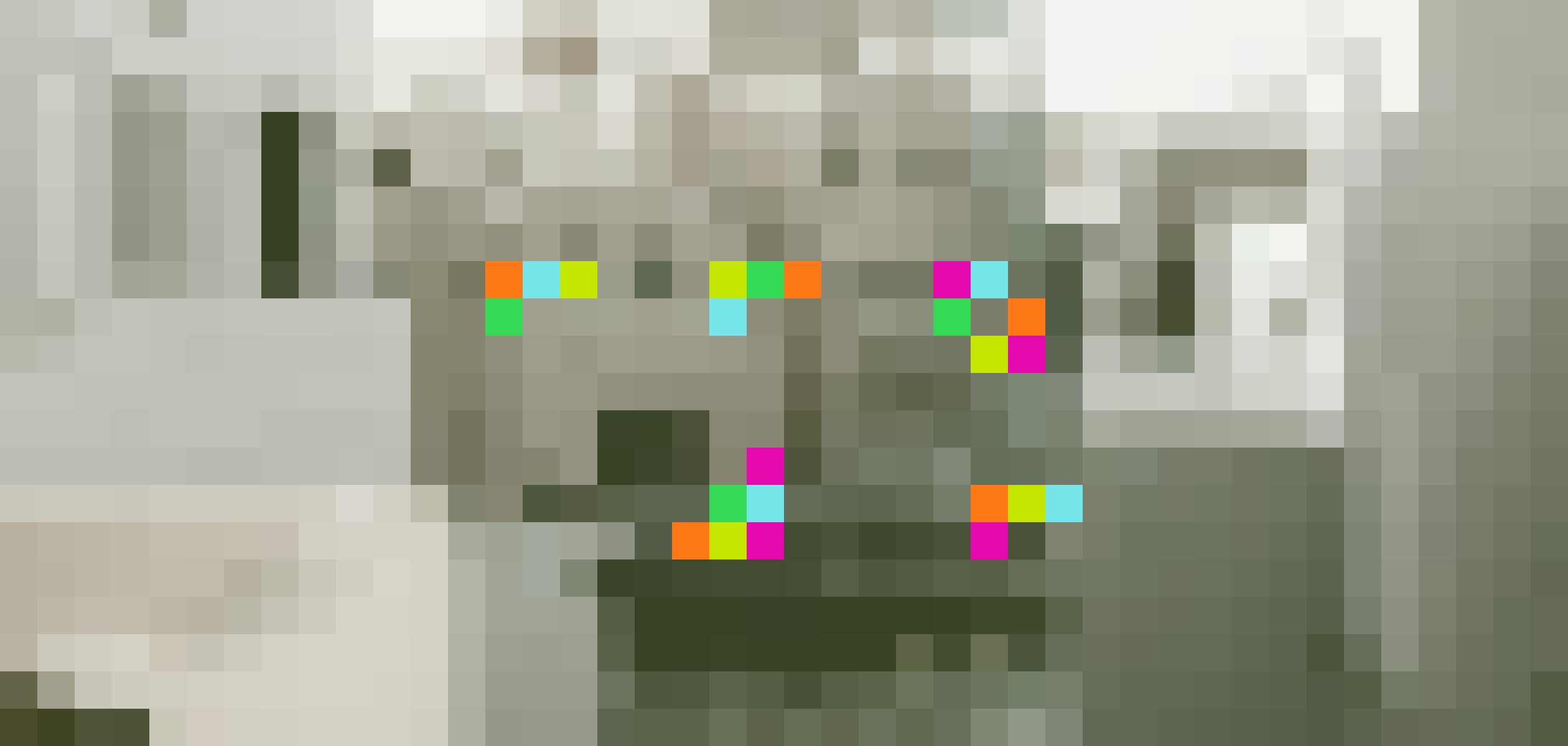 Pixelated, olive-toned photograph of a person in pink light, with colored Sia shards