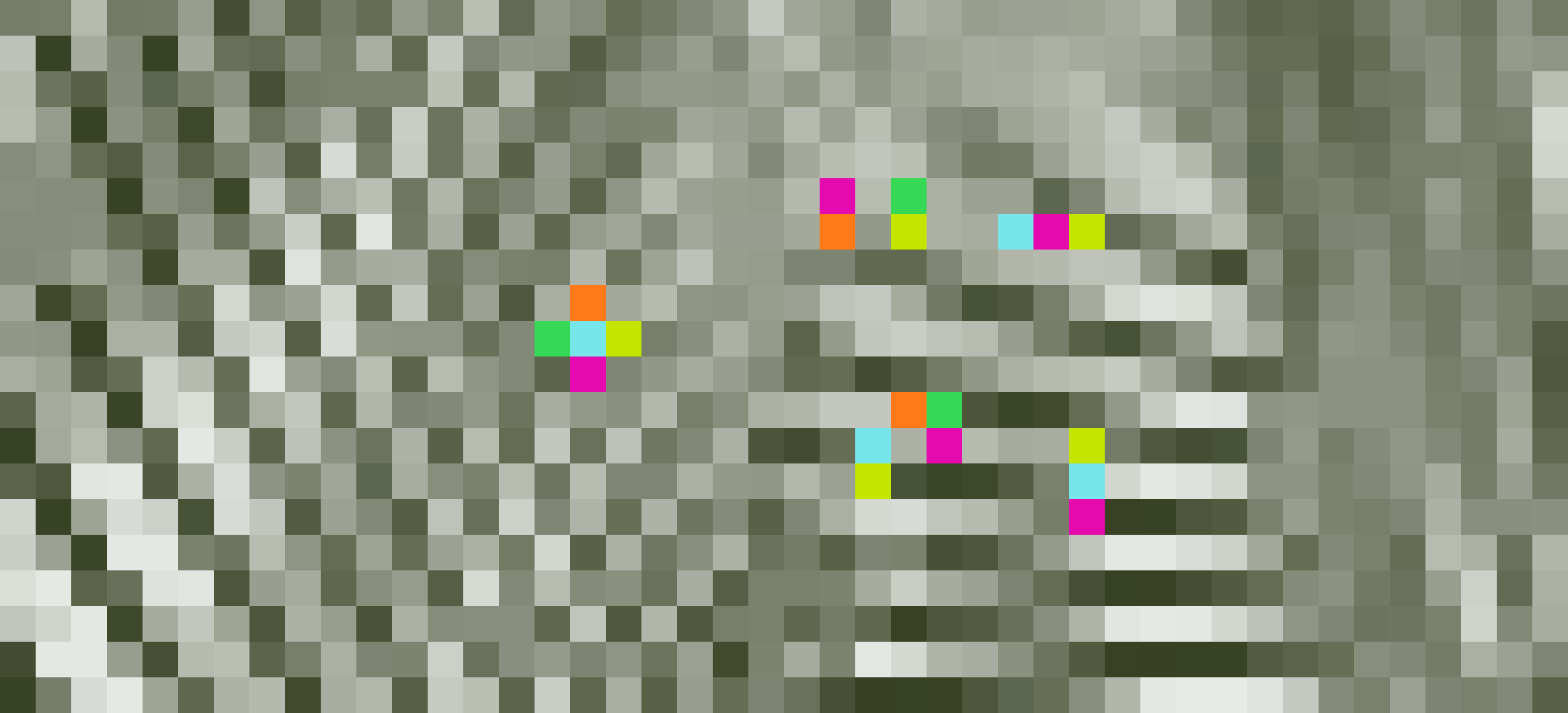 Pixelated, olive-toned photograph of a textured grey surface, with colored Sia shards