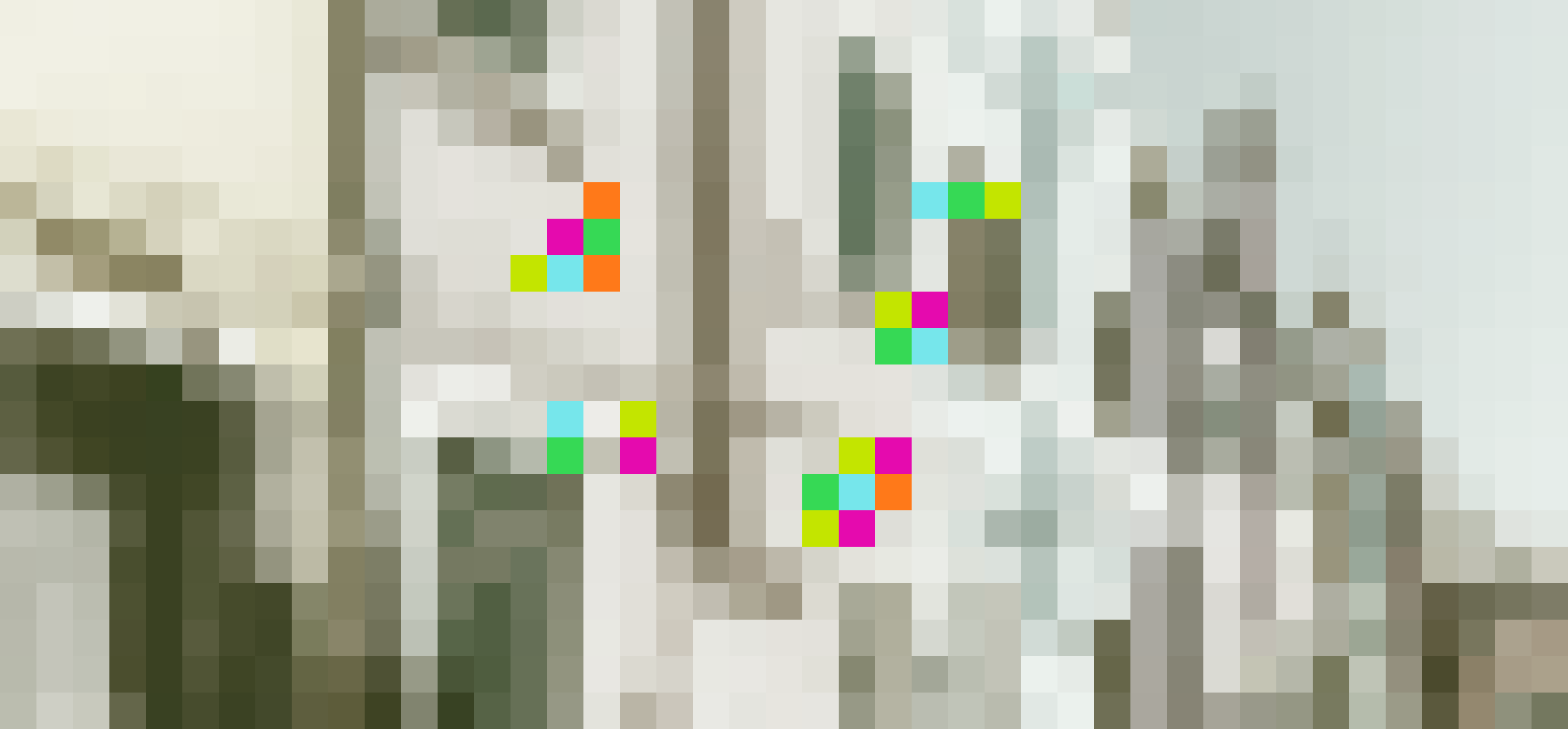 Pixelated, olive-toned photograph of a sunlit street of shopfronts, with colored Sia shards