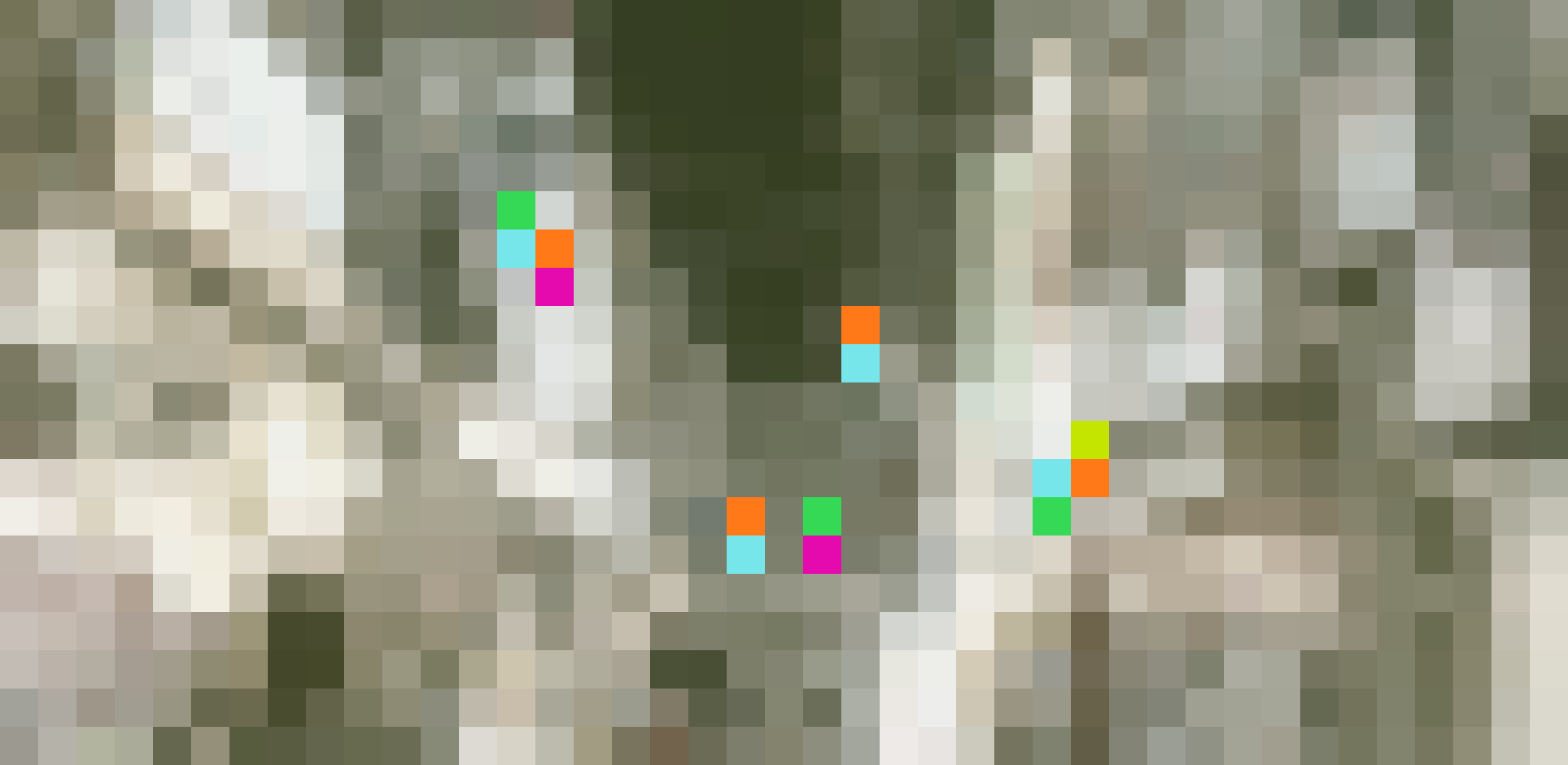 Pixelated, olive-toned photograph of a crowded market street, with colored Sia shards