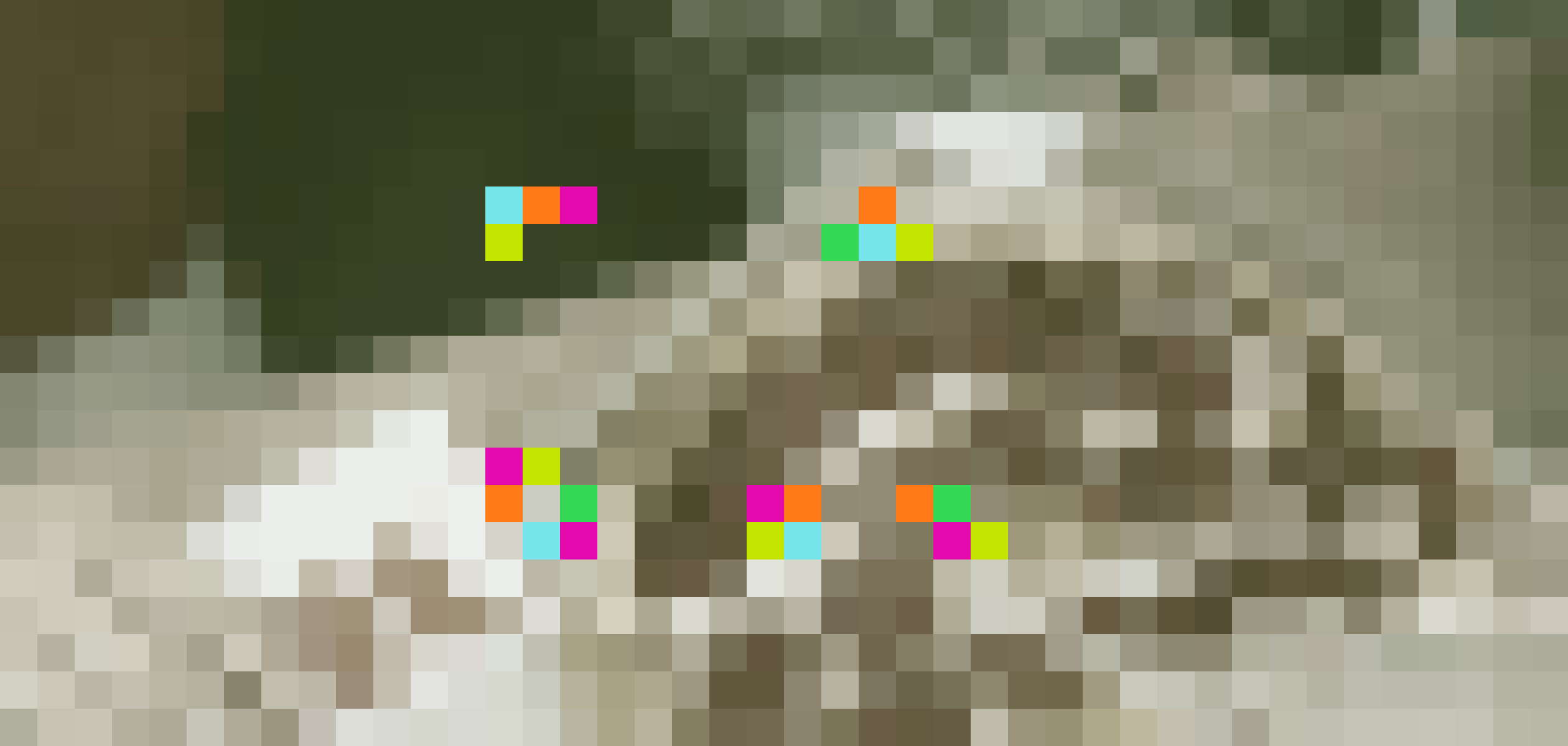 Pixelated, olive-toned photograph of a pizza, with colored Sia shards