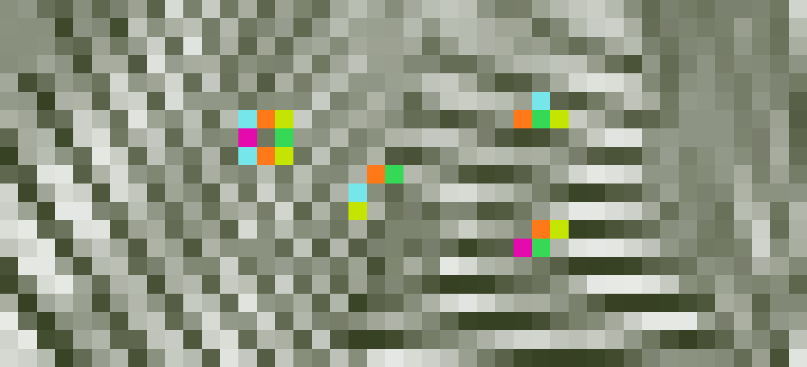 Pixelated, olive-toned photograph of a textured grey surface, with colored Sia shards