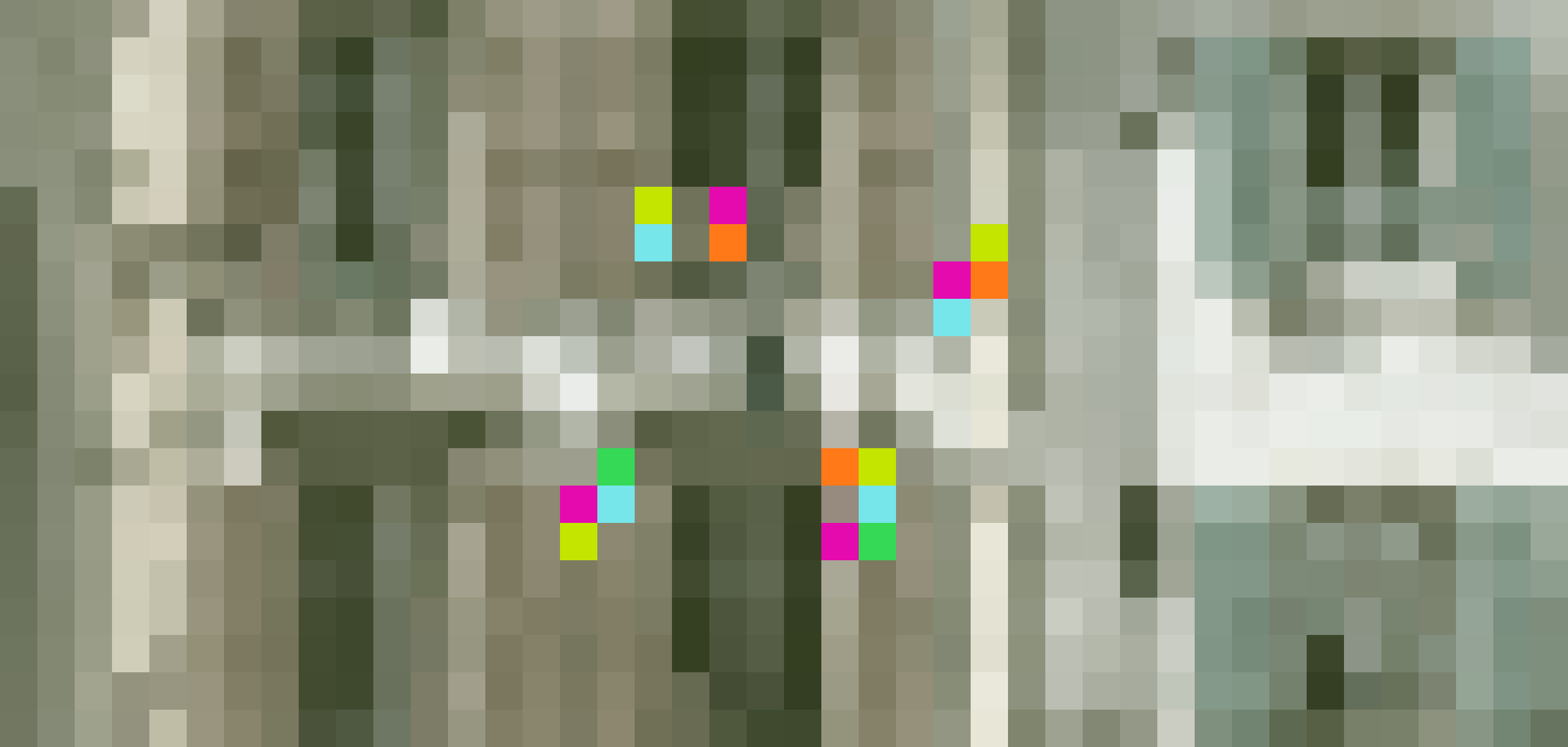 Pixelated, olive-toned photograph of building facades with wooden shutters, with colored Sia shards