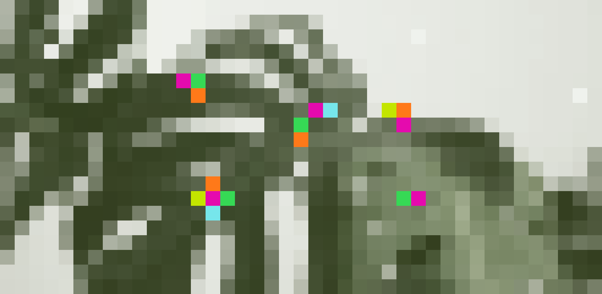 Pixelated, olive-toned photograph of leafy plants against a pale wall, with colored Sia shards